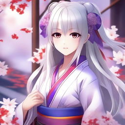 A beautiful anime-style waifu with long white hair and red eyes, wearing a purple kimono