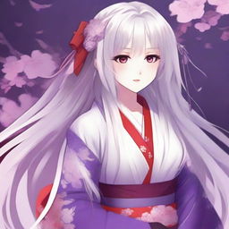 A beautiful anime-style waifu with long white hair and red eyes, wearing a purple kimono