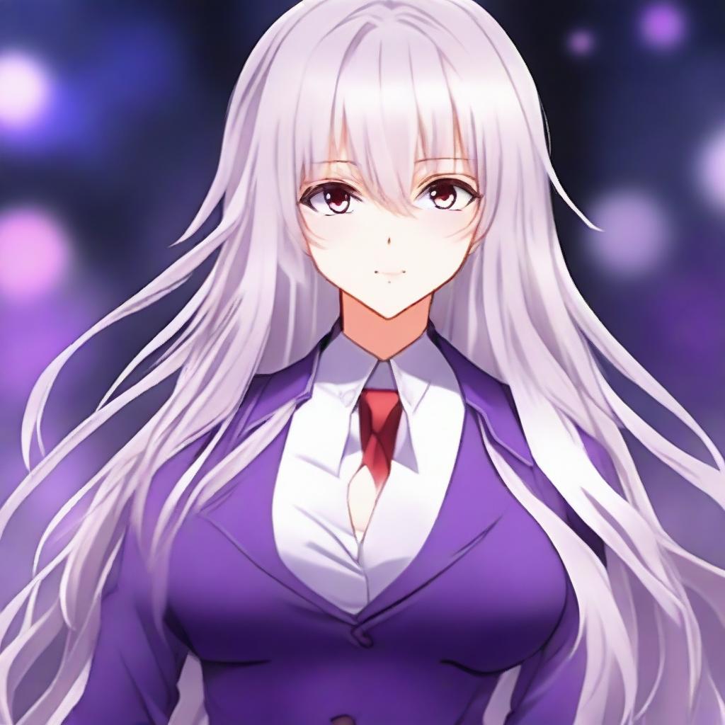 A beautiful anime-style waifu with long white hair and red eyes, wearing a purple suit