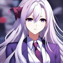 A beautiful anime-style waifu with long white hair and red eyes, wearing a purple suit