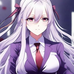 A beautiful anime-style waifu with long white hair and red eyes, wearing a purple suit