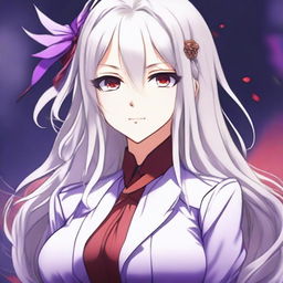 A beautiful anime-style waifu with long white hair and red eyes, wearing a purple suit