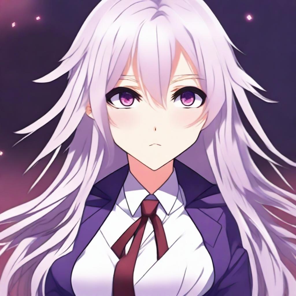 A beautiful anime-style waifu with long white hair and red eyes, wearing a purple suit