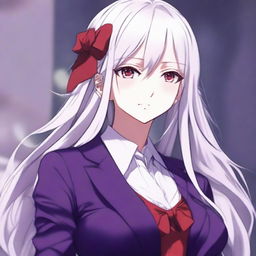 A beautiful anime-style waifu with long white hair and red eyes, wearing a purple suit