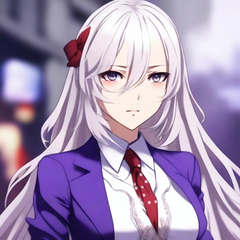 A beautiful anime-style waifu with long white hair and red eyes, wearing a purple suit