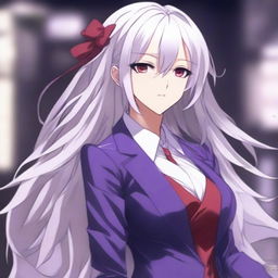 A beautiful anime-style waifu with long white hair and red eyes, wearing a purple suit