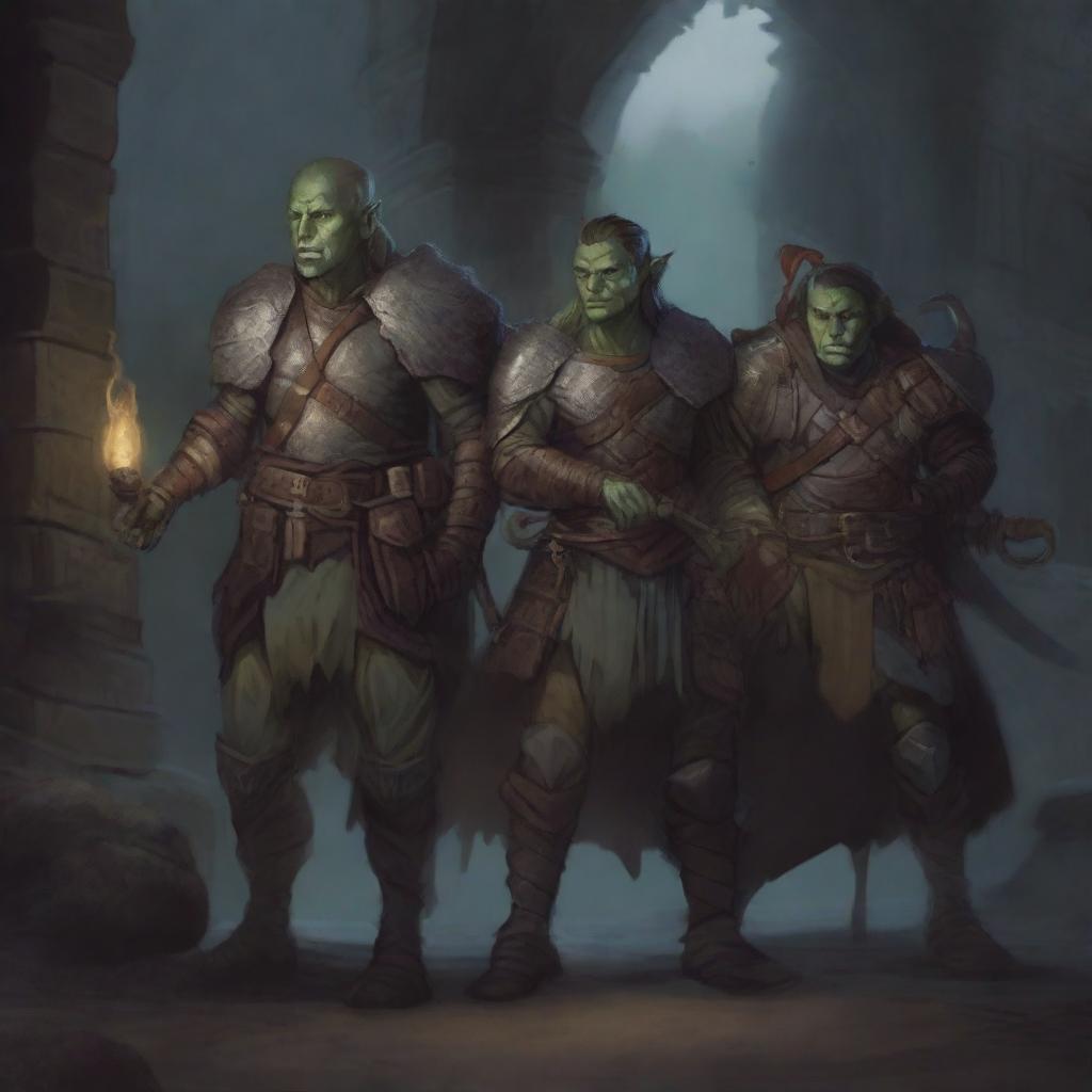 A detailed fantasy scene featuring a group of adventurers from Dungeons & Dragons