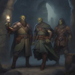 A detailed fantasy scene featuring a group of adventurers from Dungeons & Dragons