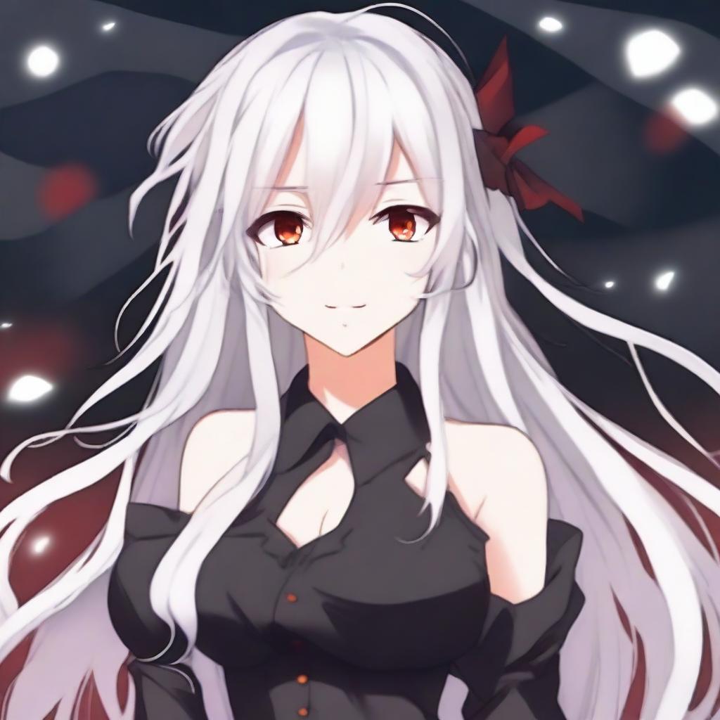 A beautiful anime-style waifu with long white hair and red eyes, wearing a black blouse and smiling