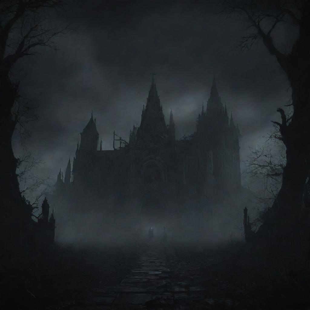 A dark, atmospheric title screen background for a souls-like game, filled with haunting gothic visuals.