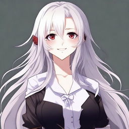 A beautiful anime-style waifu with long white hair and red eyes, wearing a black blouse and smiling