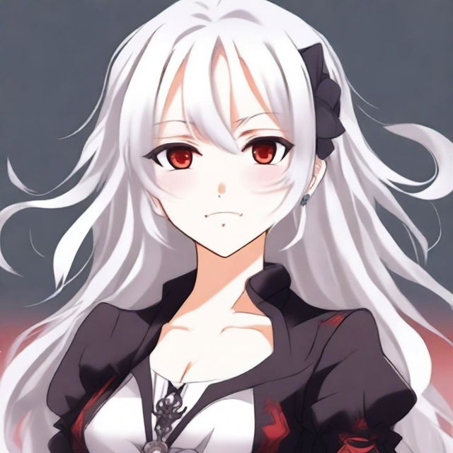 A beautiful anime-style waifu with long white hair and red eyes, wearing a black blouse and smiling