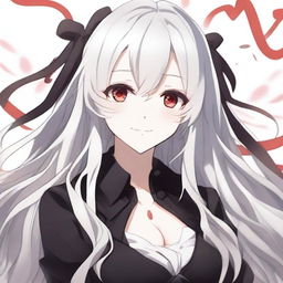 A beautiful anime-style waifu with long white hair and red eyes, wearing a black blouse and smiling