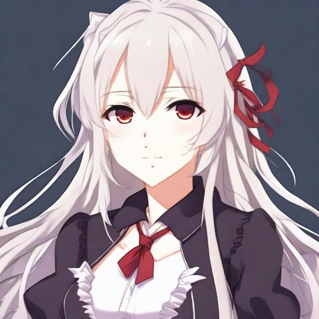 A beautiful anime-style waifu with long white hair and red eyes, wearing a black blouse and smiling