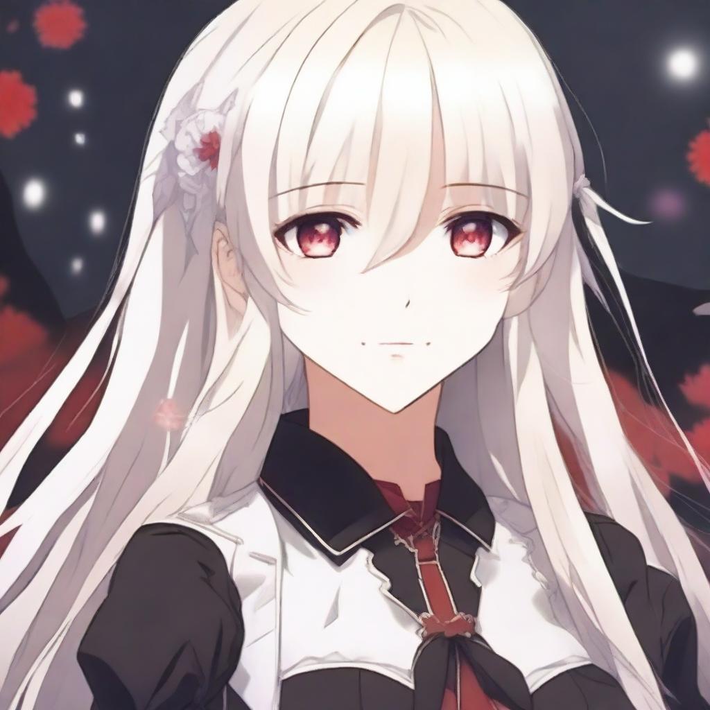 A beautiful anime-style waifu with long white hair and red eyes, wearing a black blouse and smiling