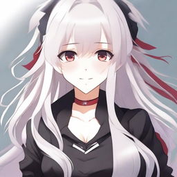 A beautiful anime-style waifu with long white hair and red eyes, wearing a black blouse and smiling