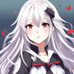 A beautiful anime-style waifu with long white hair and red eyes, wearing a black blouse and smiling