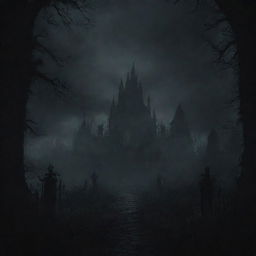 A dark, atmospheric title screen background for a souls-like game, filled with haunting gothic visuals.