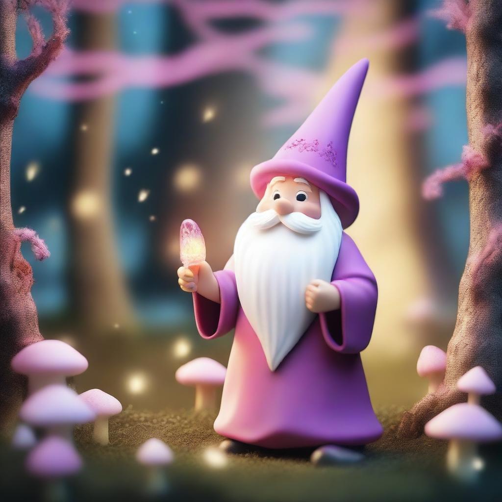 A whimsical wizard gnome with a long, flowing pink beard