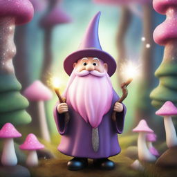 A whimsical wizard gnome with a long, flowing pink beard