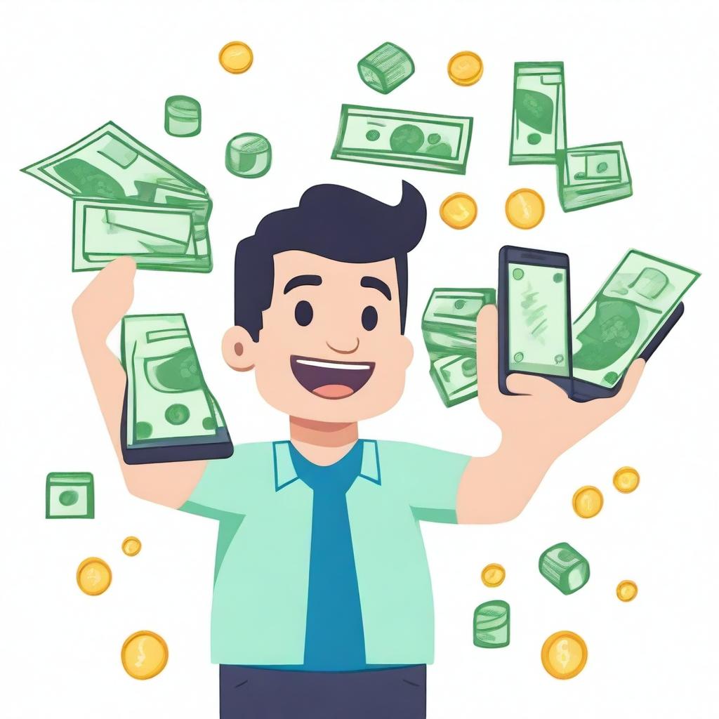 A person holding a smartphone with a big smile on their face, showing excitement as they see a large amount of money displayed on the screen