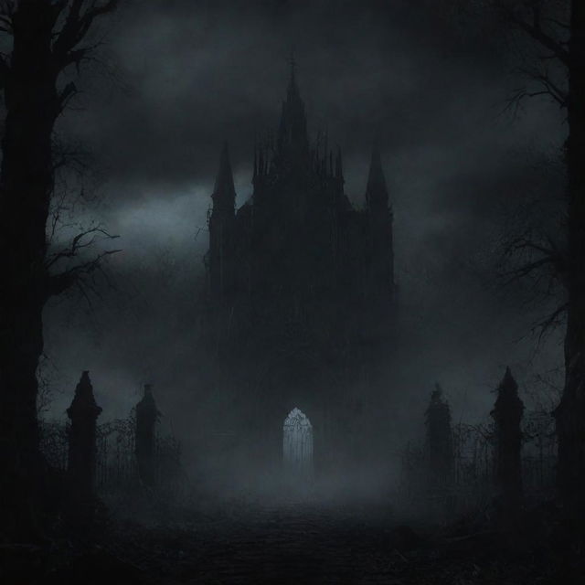 A dark, atmospheric title screen background for a souls-like game, filled with haunting gothic visuals.