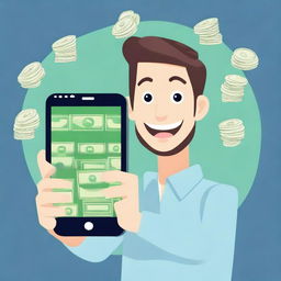 A person holding a smartphone with a big smile on their face, showing excitement as they see a large amount of money displayed on the screen