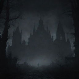 A dark, atmospheric title screen background for a souls-like game, filled with haunting gothic visuals.