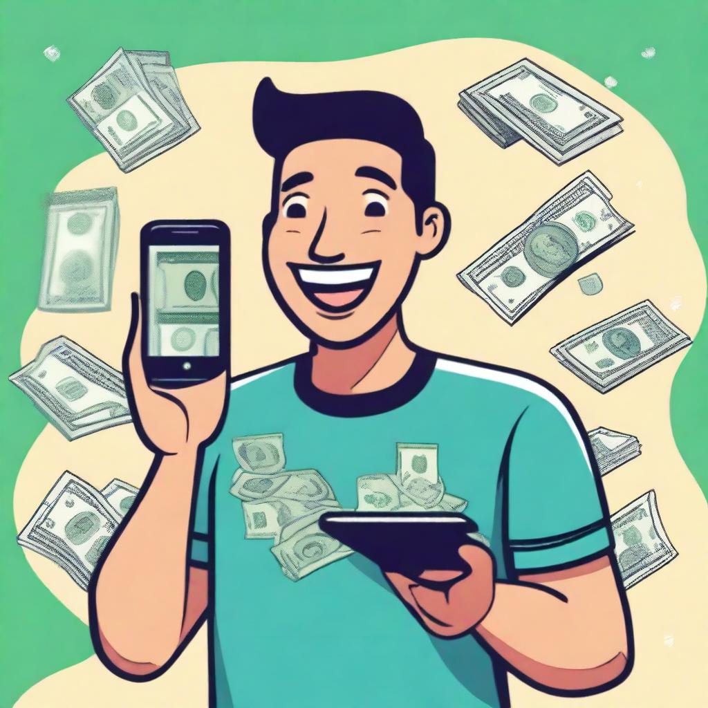 A high-quality image of a person holding a smartphone with a big smile on their face, showing excitement as they see a large amount of money displayed on the screen