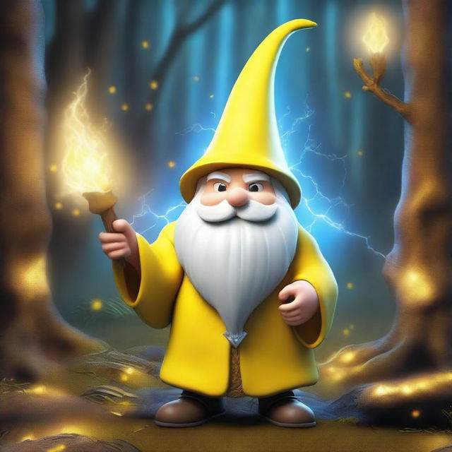 A powerful wizard gnome with electric powers, dressed in yellow