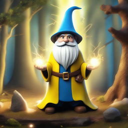 A powerful wizard gnome with electric powers, dressed in yellow