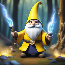 A powerful wizard gnome with electric powers, dressed in yellow