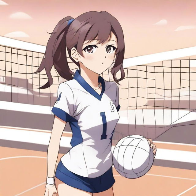 An anime-style young woman wearing a volleyball uniform, standing on a volleyball court