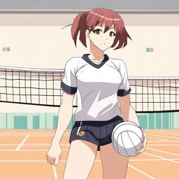 An anime-style young woman wearing a volleyball uniform, standing on a volleyball court