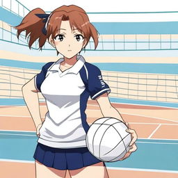 An anime-style young woman wearing a volleyball uniform, standing on a volleyball court