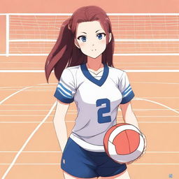 An anime-style young woman wearing a volleyball uniform, standing on a volleyball court