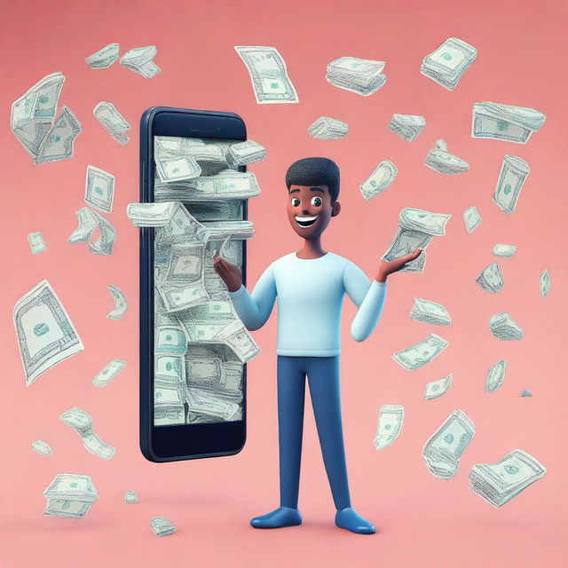 A 3D-rendered image of a person holding a smartphone with a big smile on their face, showing excitement as they see a large amount of money displayed on the screen