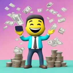 A 3D-rendered image of a person holding a smartphone with a big smile on their face, showing excitement as they see a large amount of money displayed on the screen