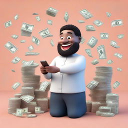 A 3D-rendered image of a person holding a smartphone with a big smile on their face, showing excitement as they see a large amount of money displayed on the screen