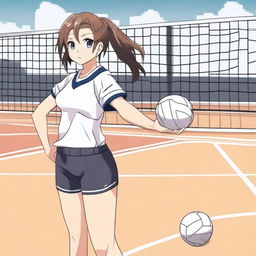 An anime-style young woman wearing a volleyball uniform, standing on a volleyball court