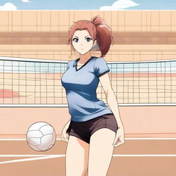 An anime-style young woman wearing a volleyball uniform, standing on a volleyball court