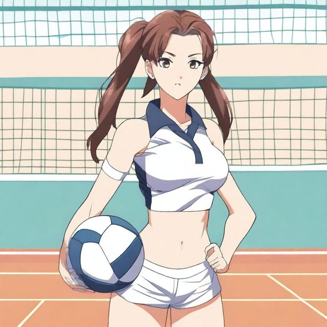 An anime-style young woman wearing a volleyball uniform, standing on a volleyball court