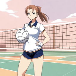 An anime-style young woman wearing a volleyball uniform, standing on a volleyball court