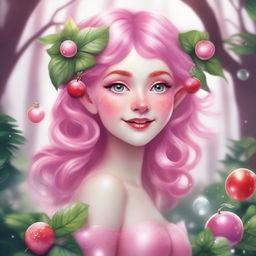 A whimsical elf nymph inspired by Coca Cola with vibrant pink hair