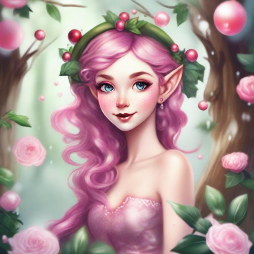 A whimsical elf nymph inspired by Coca Cola with vibrant pink hair