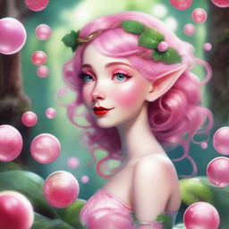 A whimsical elf nymph inspired by Coca Cola with vibrant pink hair