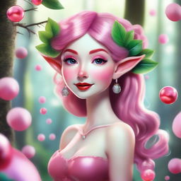 A whimsical elf nymph inspired by Coca Cola with vibrant pink hair