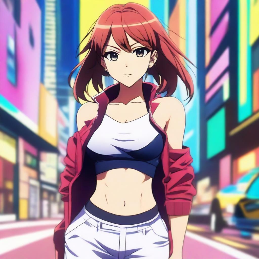 An anime-style young woman with an athletic build, standing confidently