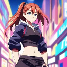 An anime-style young woman with an athletic build, standing confidently