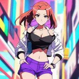 An anime-style young woman with an athletic build, standing confidently